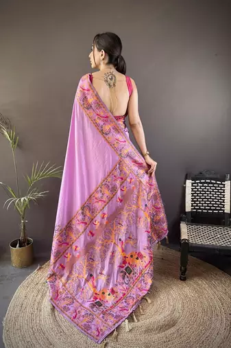 purple color pashmina kashmiri meenakari zari weaving work saree