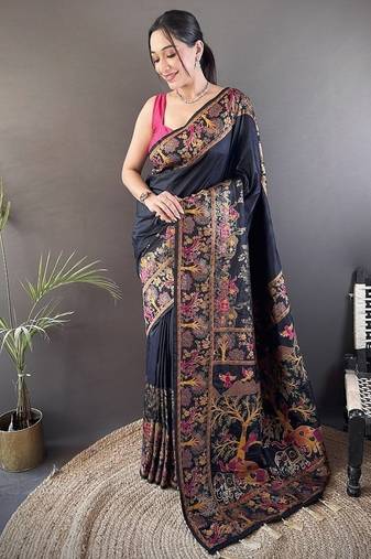 black color pashmina kashmiri meenakari zari weaving work saree