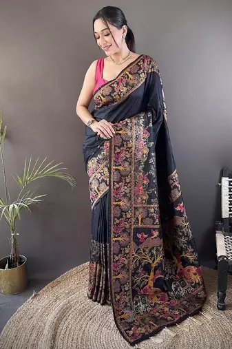black color pashmina kashmiri meenakari zari weaving work saree
