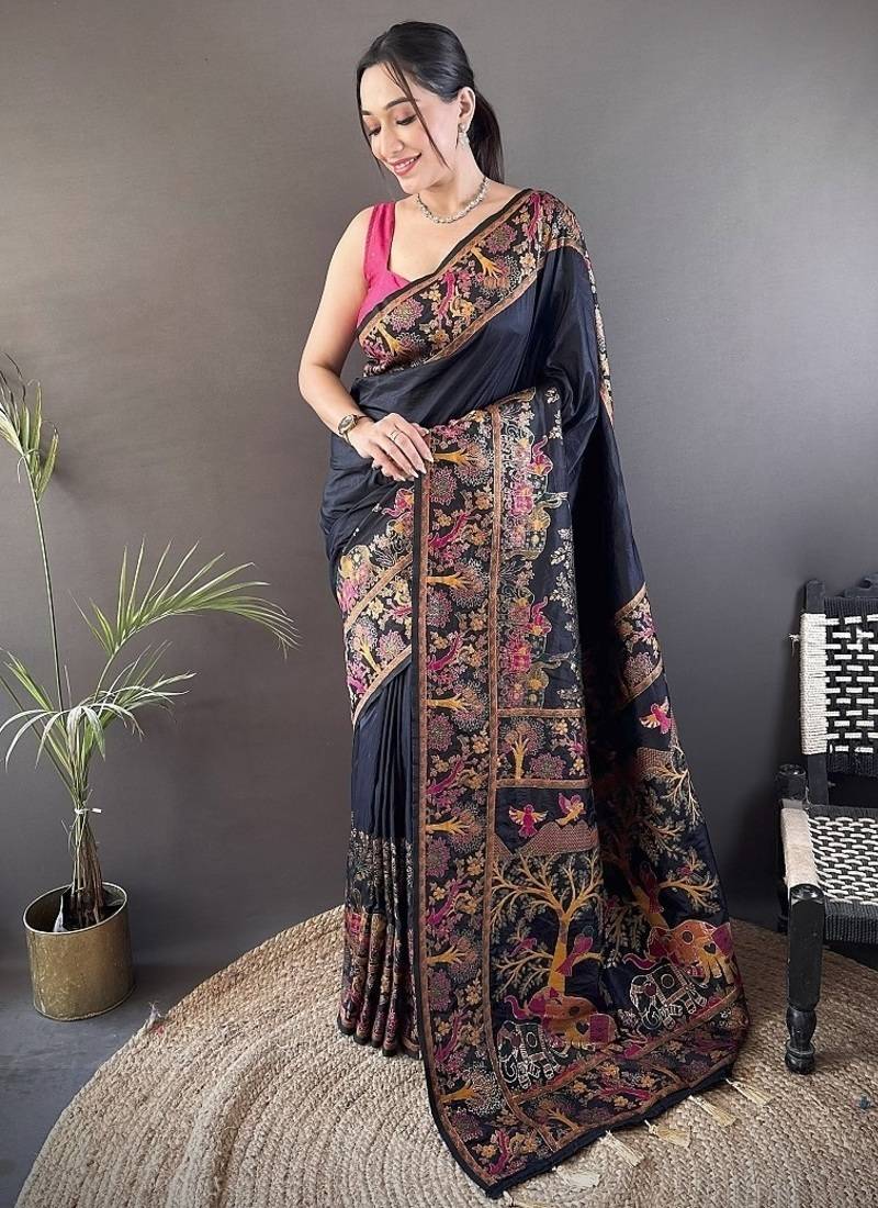 black color pashmina kashmiri meenakari zari weaving work saree