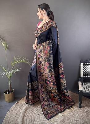 black color pashmina kashmiri meenakari zari weaving work saree 2