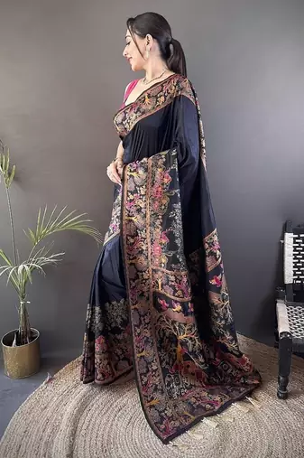 black color pashmina kashmiri meenakari zari weaving work saree