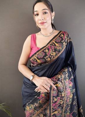 black color pashmina kashmiri meenakari zari weaving work saree 3