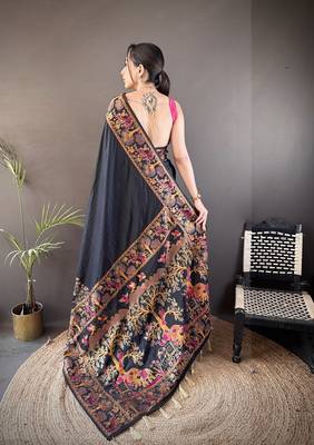 black color pashmina kashmiri meenakari zari weaving work saree 4