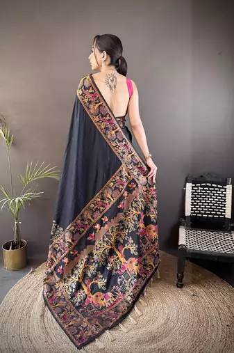 black color pashmina kashmiri meenakari zari weaving work saree
