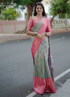 skyblue weaving zari border kanjivaram semi art silk blend saree 3