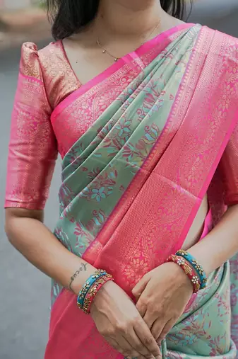 skyblue color weaving zari border kanjivaram semi art silk blend saree