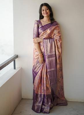 peach color weaving zari border kanjivaram semi art silk blend saree 1