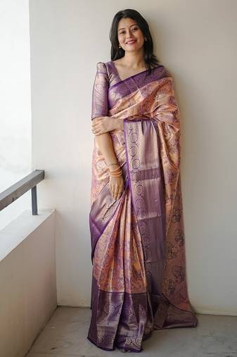 peach color weaving zari border kanjivaram semi art silk saree