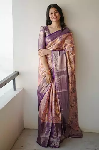 peach color weaving zari border kanjivaram semi art silk saree