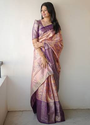 peach color weaving zari border kanjivaram semi art silk blend saree 2