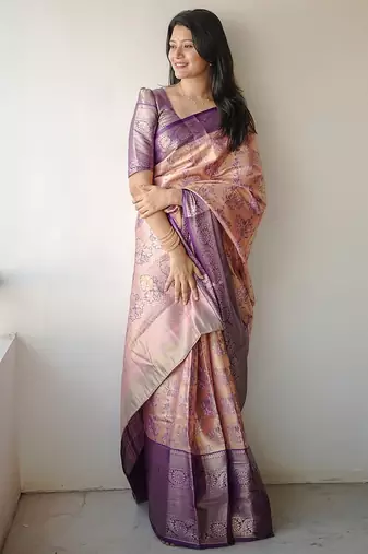 peach color weaving zari border kanjivaram semi art silk blend saree