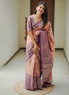 peach color weaving zari border kanjivaram semi art silk blend saree 3