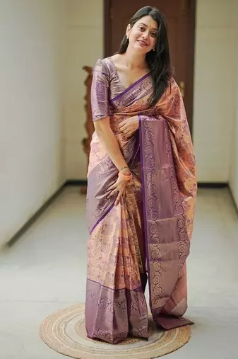 peach color weaving zari border kanjivaram semi art silk blend saree