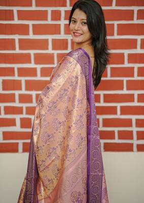 peach color weaving zari border kanjivaram semi art silk blend saree 4