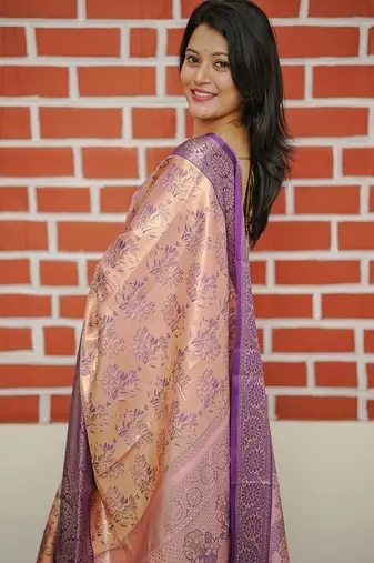 peach color weaving zari border kanjivaram semi art silk blend saree