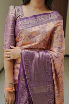 peach color weaving zari border kanjivaram semi art silk blend saree 5