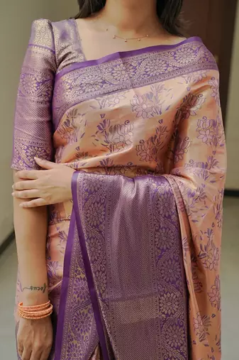 peach color weaving zari border kanjivaram semi art silk blend saree