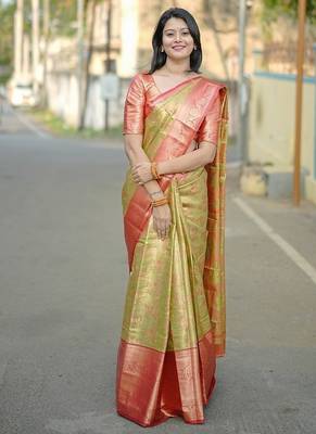 parrot green color weaving zari border kanjivaram semi art silk blend saree 1