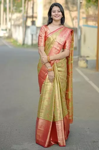 parrot green color weaving zari border kanjivaram semi art silk saree