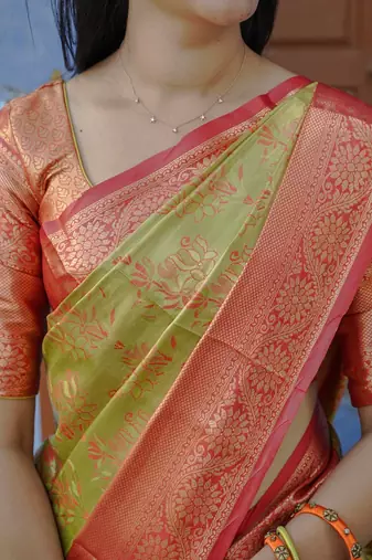 parrot green color weaving zari border kanjivaram semi art silk blend saree