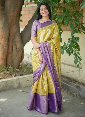 yellow color weaving zari border kanjivaram semi art silk blend saree 1