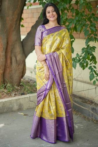 yellow color weaving zari border kanjivaram semi art silk saree