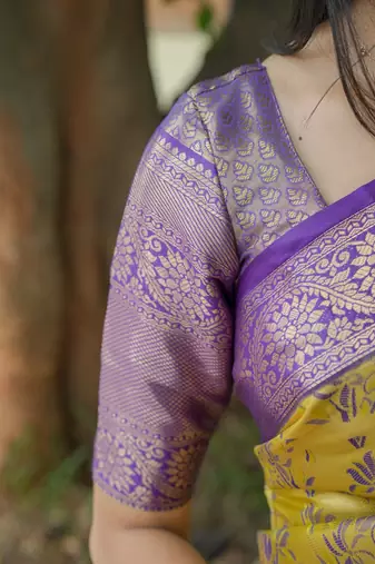 yellow color weaving zari border kanjivaram semi art silk blend saree