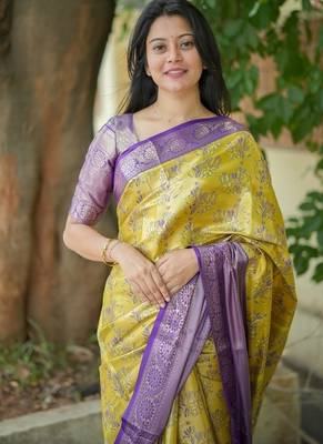 yellow color weaving zari border kanjivaram semi art silk blend saree 5