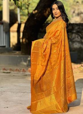 orange color zari woven banarasi art silk blend saree 2