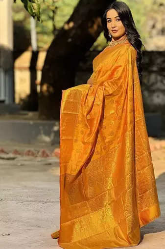 orange color zari woven banarasi art silk blend saree