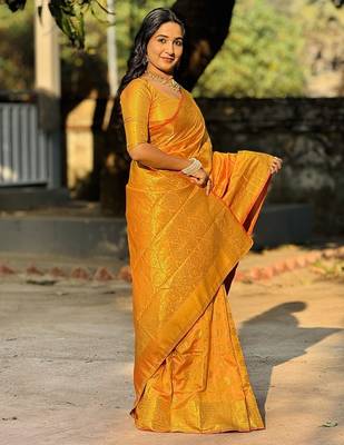 orange color zari woven banarasi art silk blend saree 3