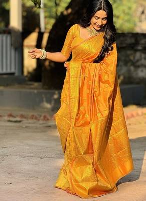 orange color zari woven banarasi art silk blend saree 5