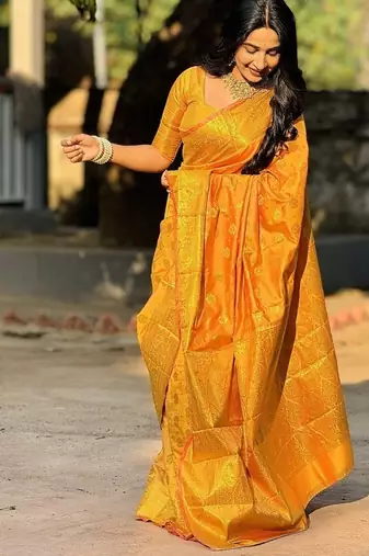 orange color zari woven banarasi art silk blend saree