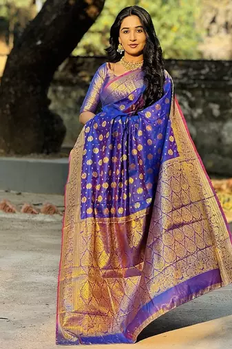 blue color zari woven banarasi art silk blend saree