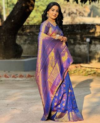 blue color zari woven banarasi art silk blend saree 5