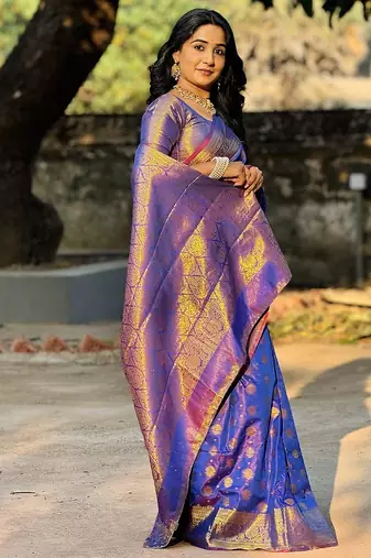 blue color zari woven banarasi art silk blend saree