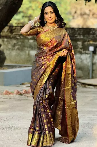 brown color zari woven banarasi art silk blend saree