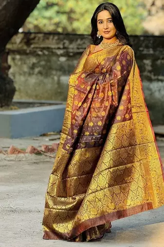 brown color zari woven banarasi art silk blend saree