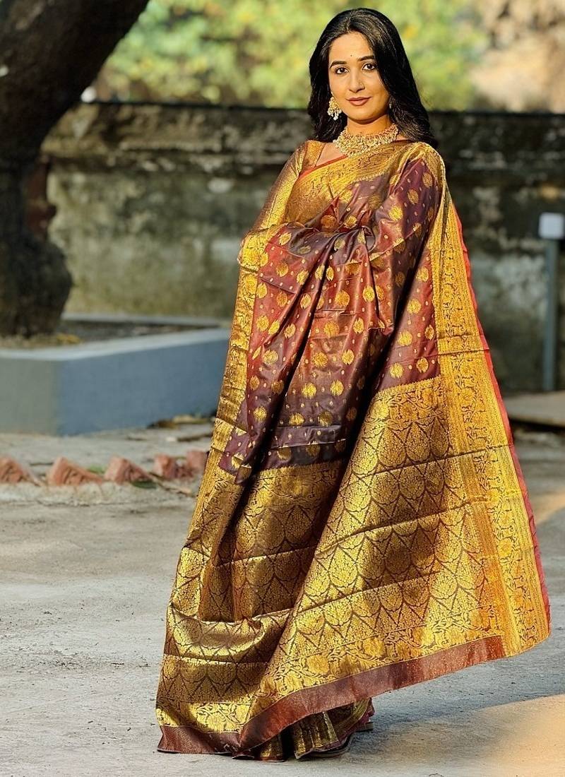 brown color zari woven banarasi art silk saree