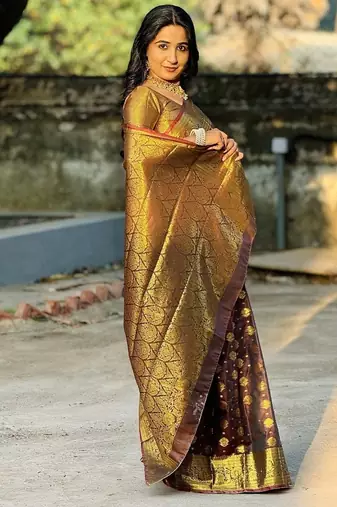 brown color zari woven banarasi art silk blend saree