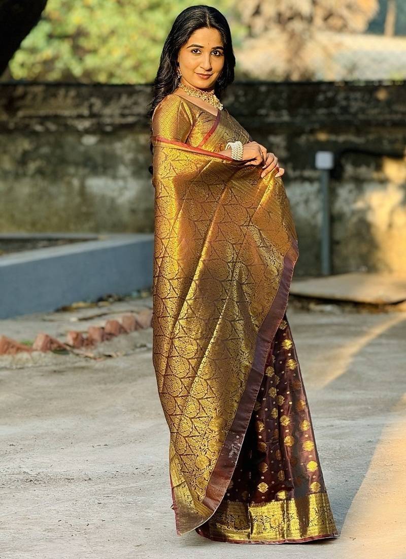 brown color zari woven banarasi art silk saree