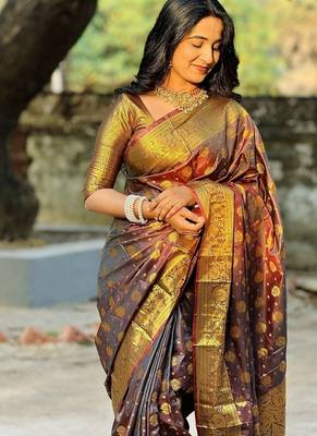 brown color zari woven banarasi art silk blend saree 5