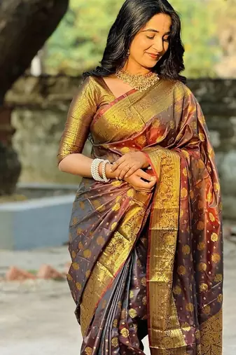 brown color zari woven banarasi art silk blend saree