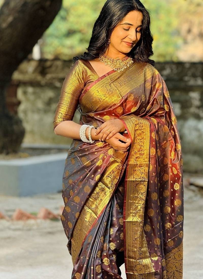 brown color zari woven banarasi art silk saree