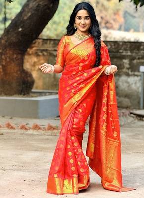 red color zari woven banarasi art silk blend saree 1