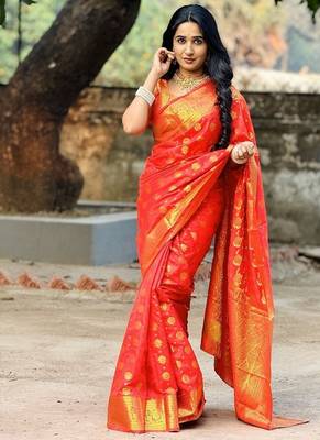 red color zari woven banarasi art silk blend saree 4