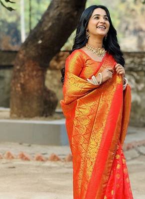 red color zari woven banarasi art silk blend saree 5