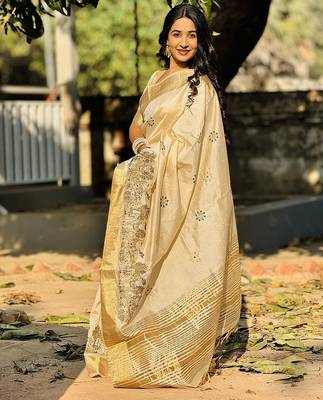 off-white tussar art silk blend weaving zari border & kalamkari embroidered saree 2