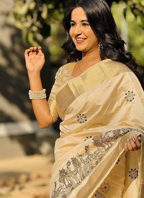 off-white tussar art silk blend weaving zari border & kalamkari embroidered saree 4